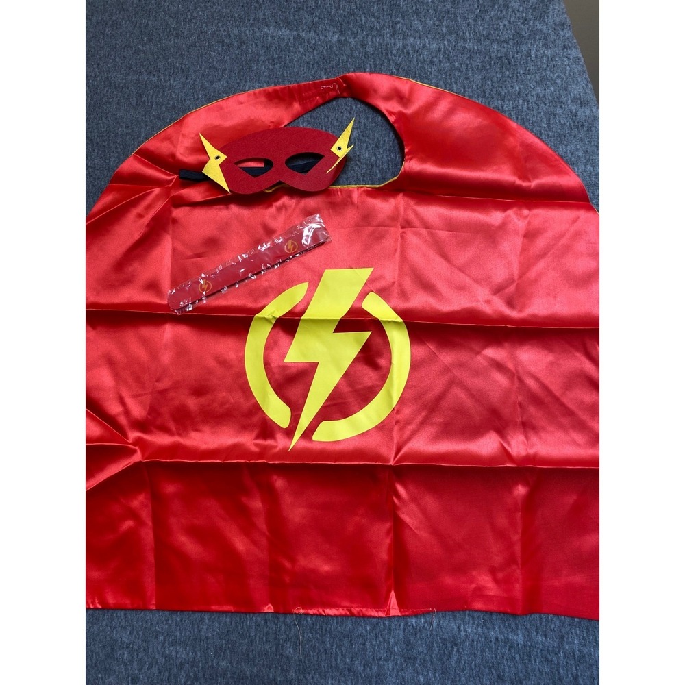 New Superhero Costume 3pc Red Cape Mask Slap Bracelet Flash Lightning Bolt Kids